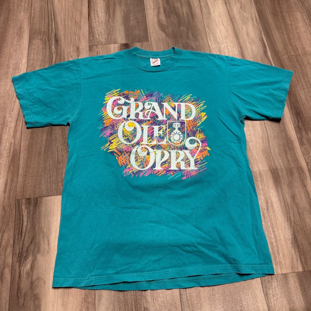 Vintage 90s Grand Ole Opry Teal Graphic T-Shirt Jerzees Single Stitch Large
